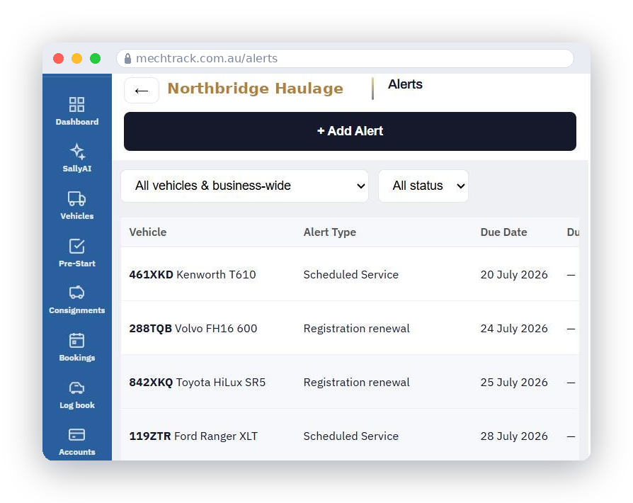 MechTrack alerts screen listing each vehicle's next service, registration, roadworthy and insurance renewal with due dates