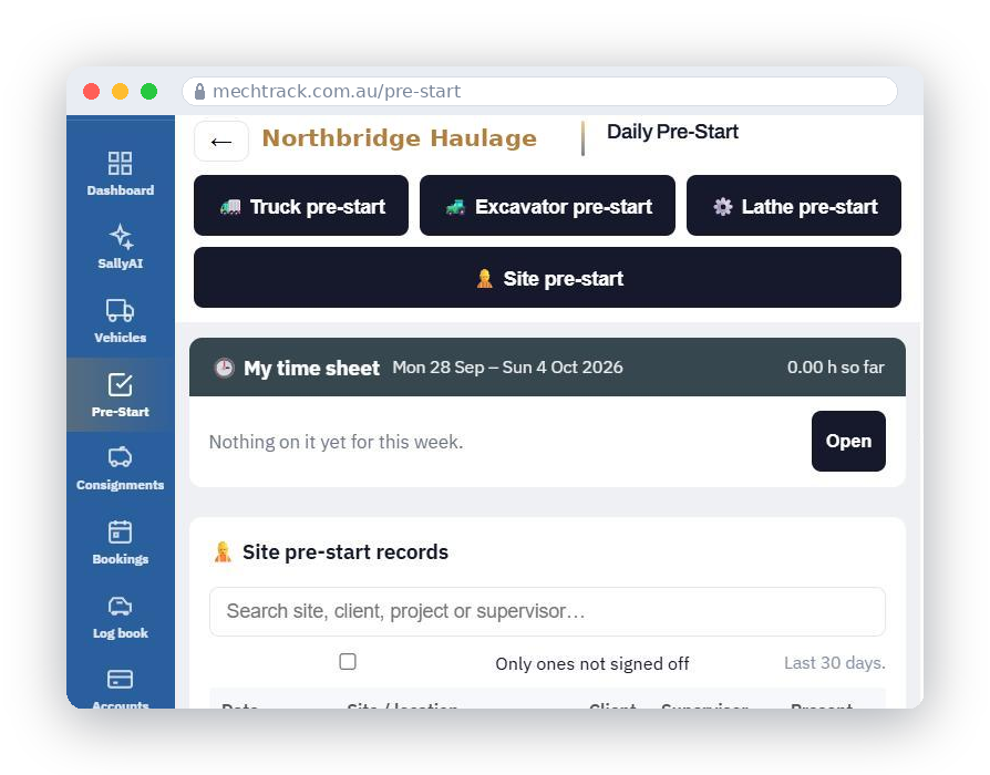MechTrack pre-start screen showing daily checks for trucks, excavators, lathes and sites